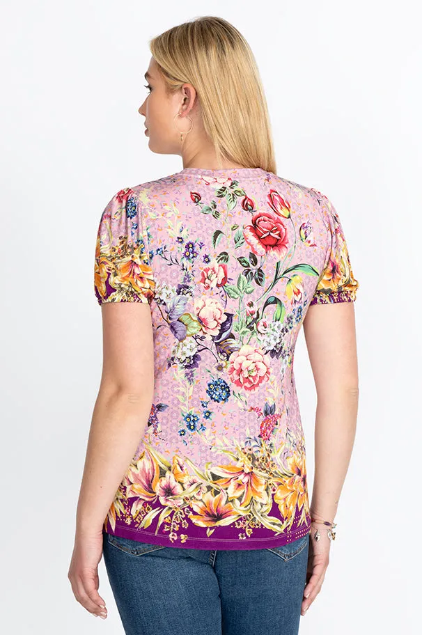 Johnny Was Topiary Puff Sleeve Floral Pink Violet Shirt Top Flower Knit Tee New