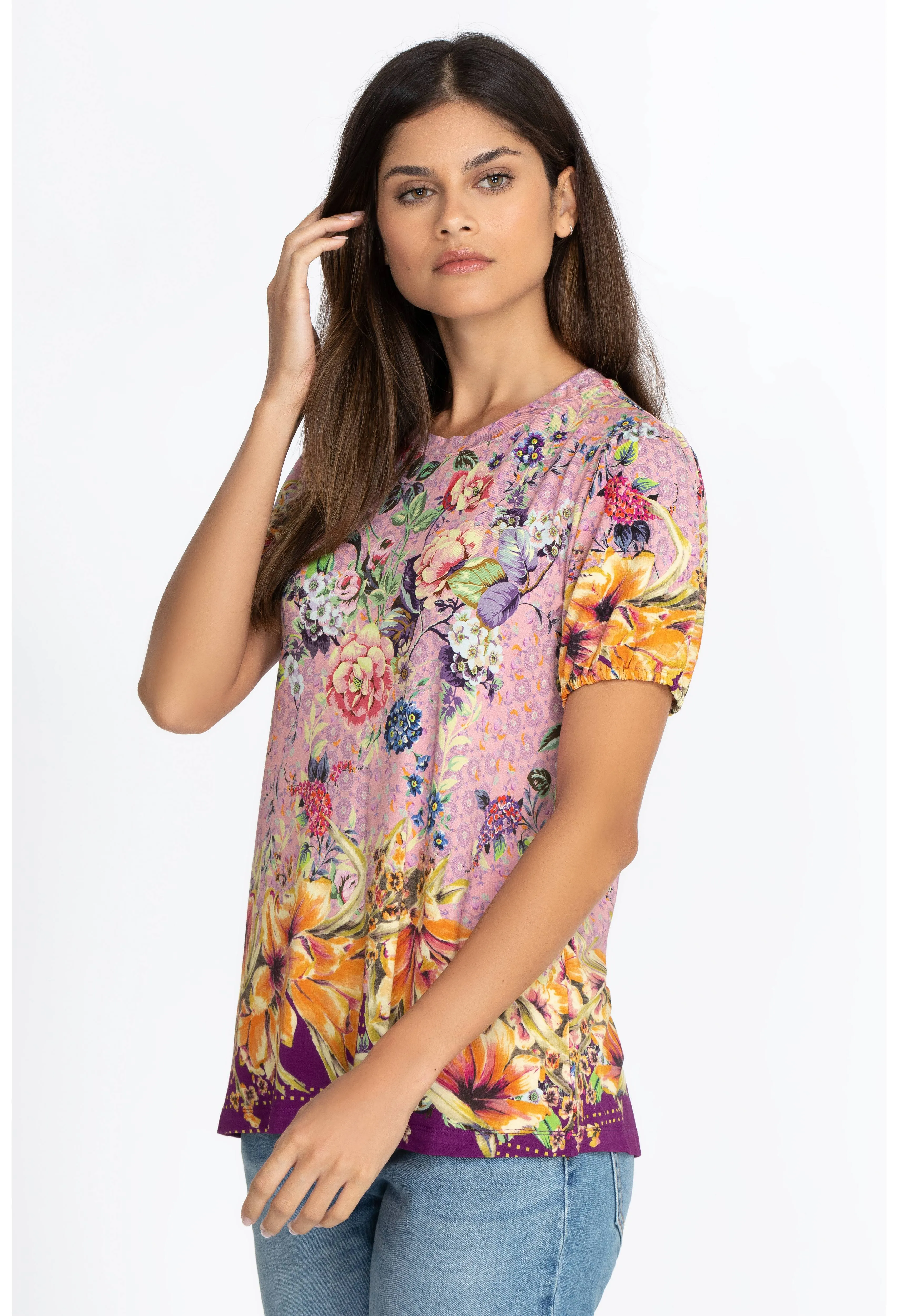 Johnny Was Topiary Puff Sleeve Floral Pink Violet Shirt Top Flower Knit Tee New