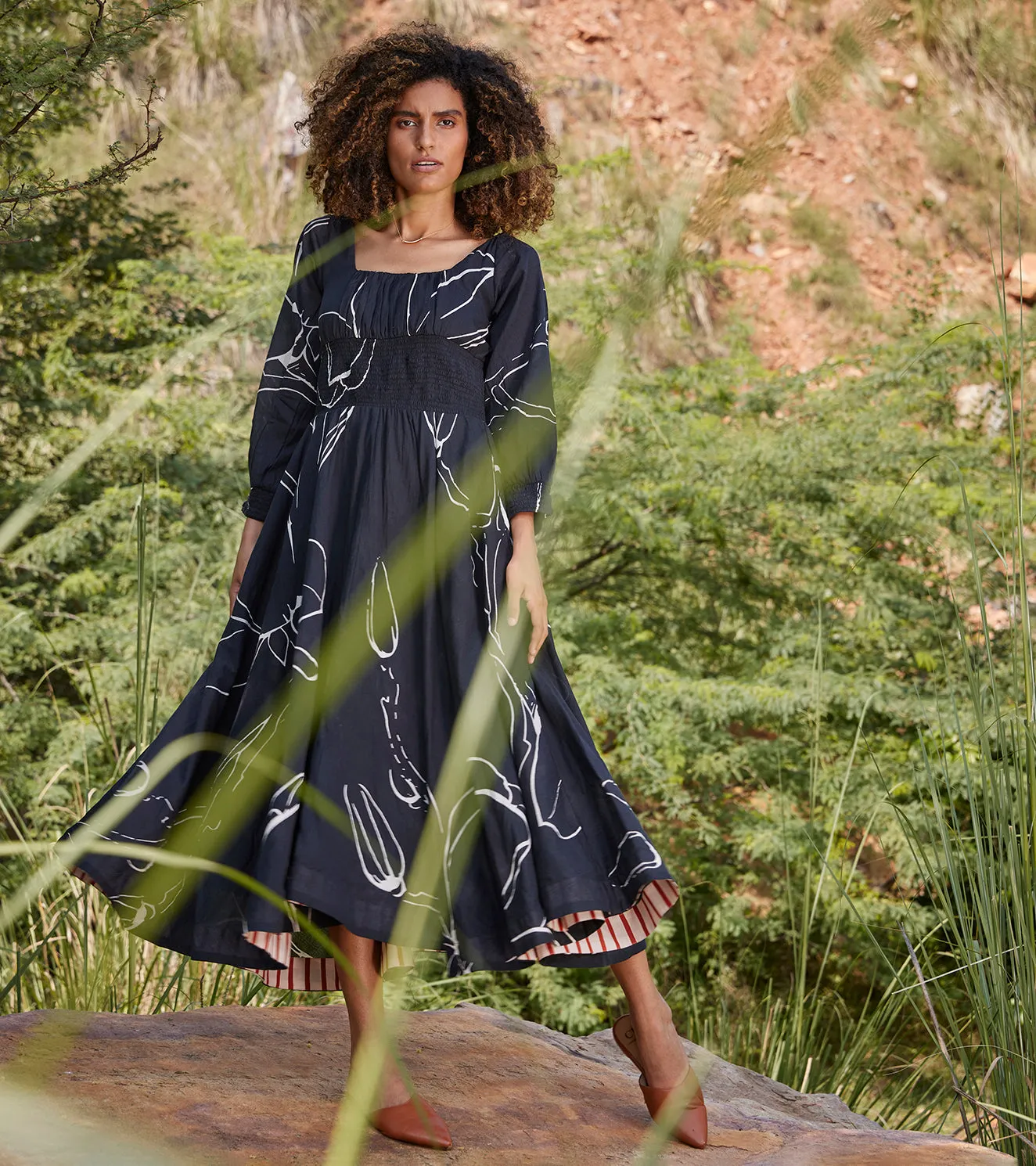 Khara Kapas Under Her Gaze Midi Dress 100% Cotton  Black and Off-white KW663