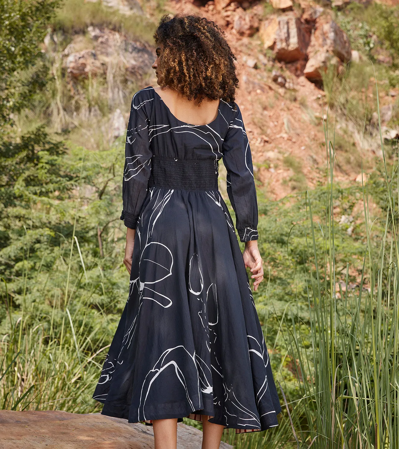 Khara Kapas Under Her Gaze Midi Dress 100% Cotton  Black and Off-white KW663