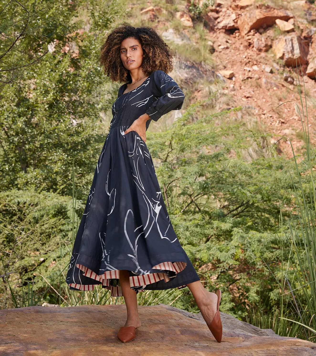 Khara Kapas Under Her Gaze Midi Dress 100% Cotton  Black and Off-white KW663