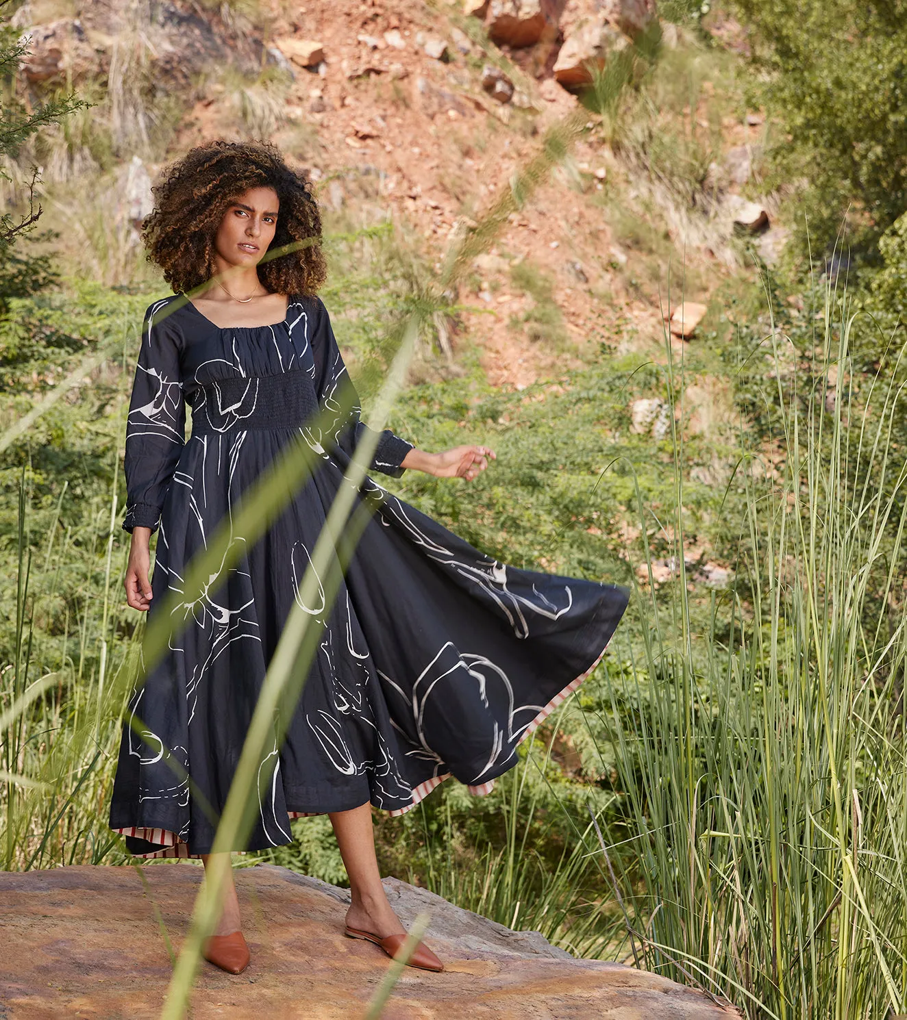 Khara Kapas Under Her Gaze Midi Dress 100% Cotton  Black and Off-white KW663