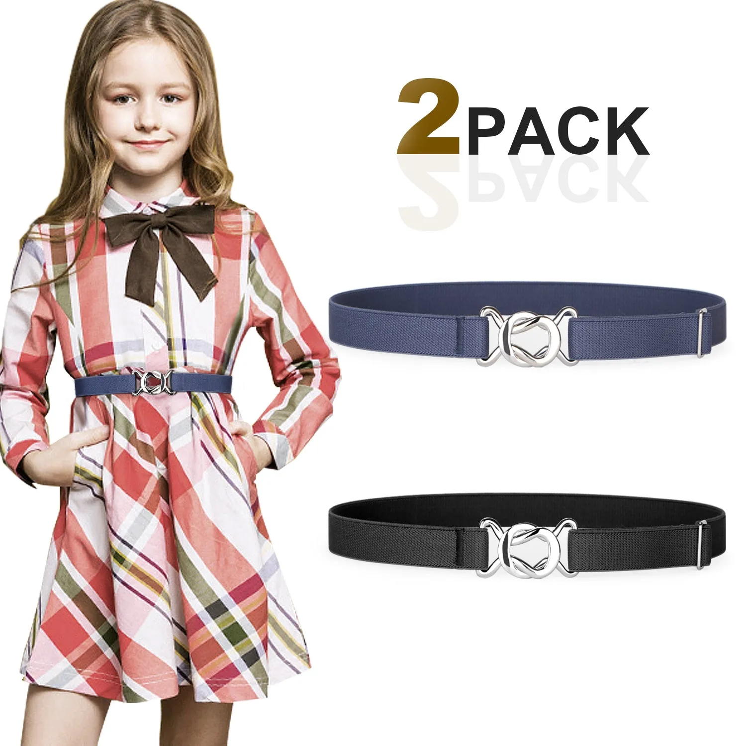 Kids Toddler Belt Elastic Stretch Adjustable Belt For Boys and Girls with Silver Square Buckle 2 Pack