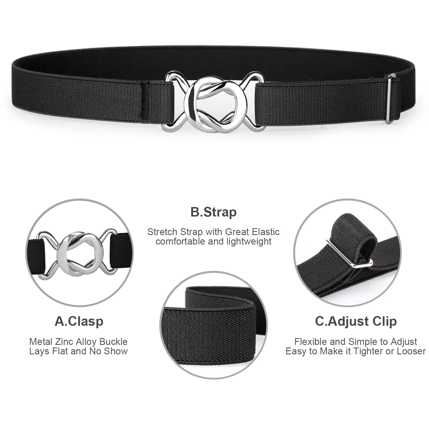 Kids Toddler Belt Elastic Stretch Adjustable Belt For Boys and Girls with Silver Square Buckle 2 Pack