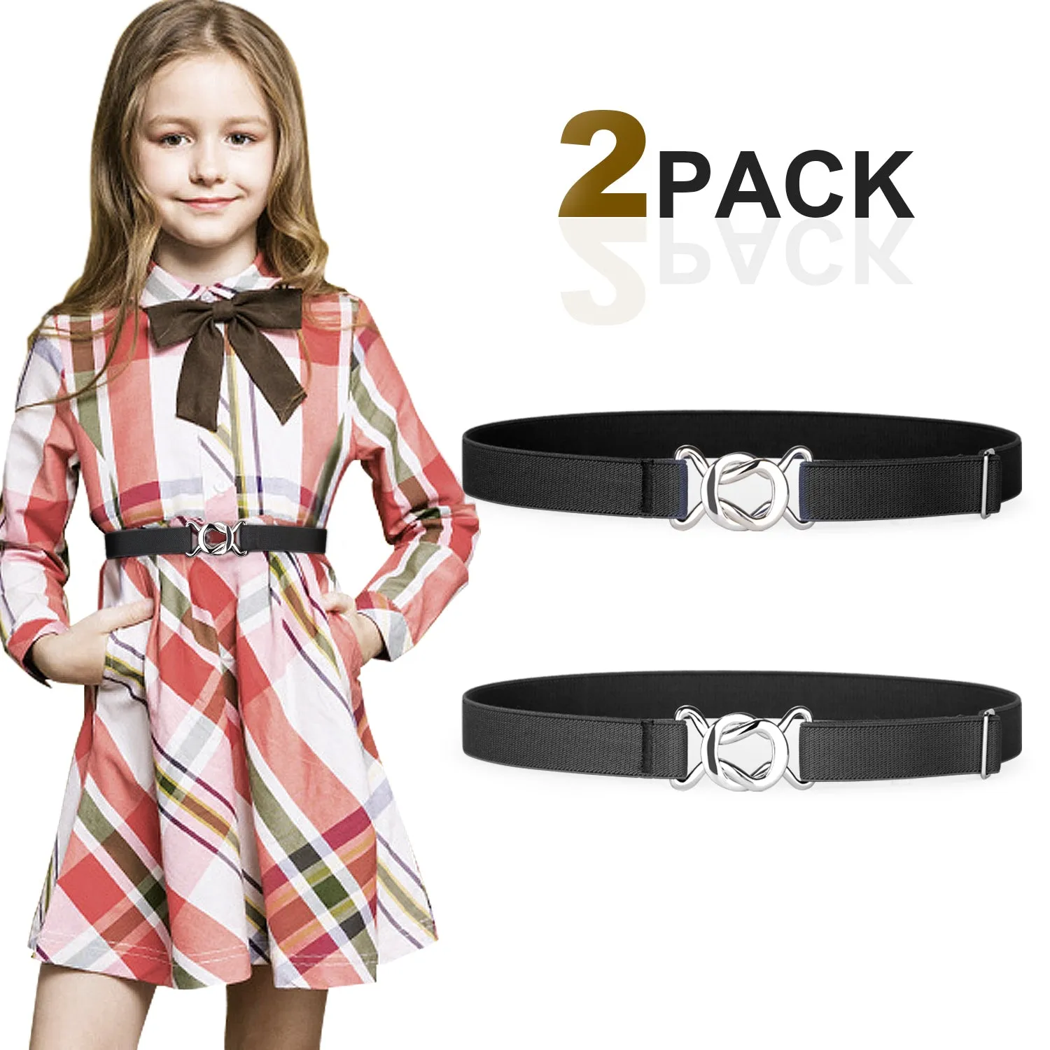 Kids Toddler Belt Elastic Stretch Adjustable Belt For Boys and Girls with Silver Square Buckle 2 Pack