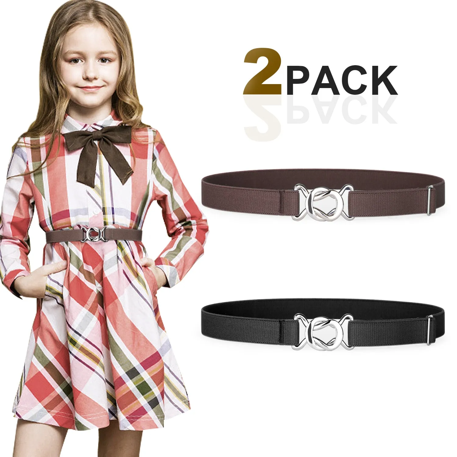 Kids Toddler Belt Elastic Stretch Adjustable Belt For Boys and Girls with Silver Square Buckle 2 Pack