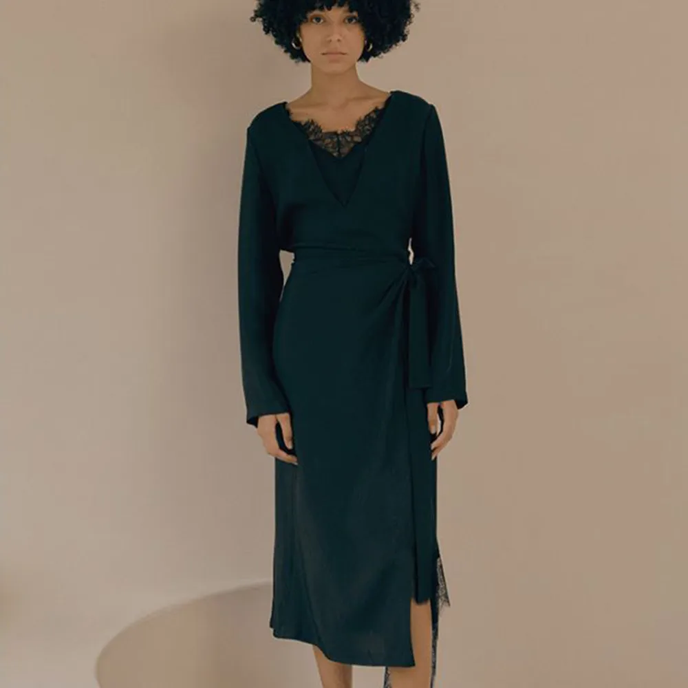 Lace Trimmed Charmeuse Wrap Dress