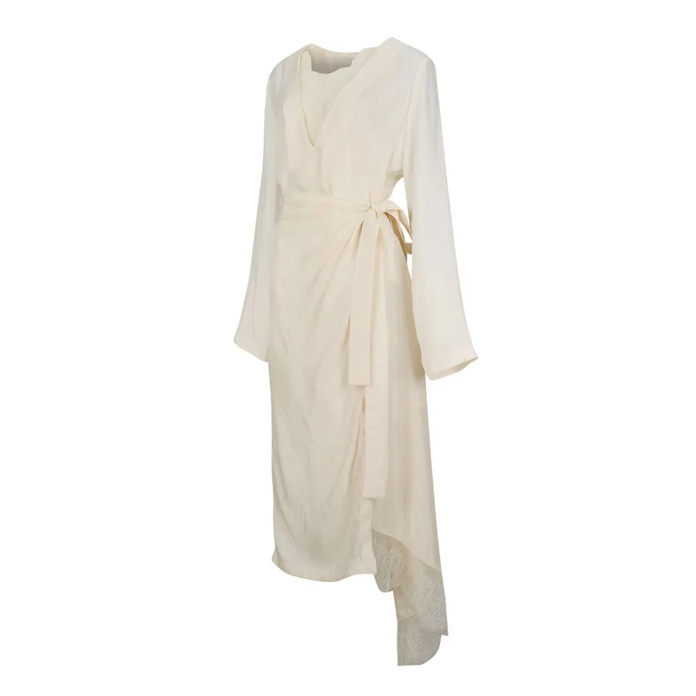 Lace Trimmed Charmeuse Wrap Dress