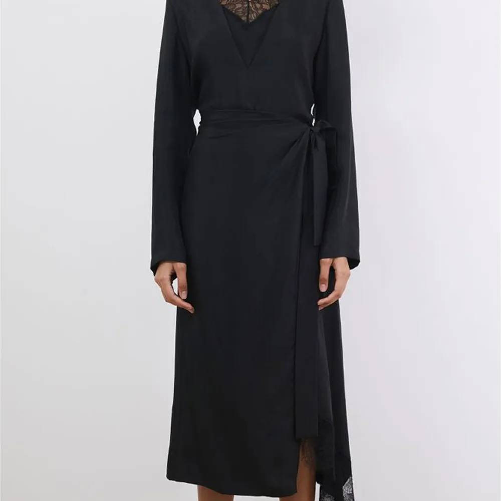 Lace Trimmed Charmeuse Wrap Dress