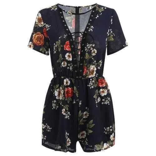 Lace Up Floral Romper - S