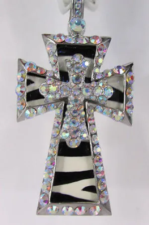 Large Zebra & Rhinestone Cross Pendant