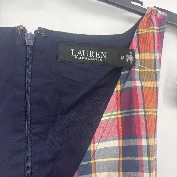 LAUREN Ralph Lauren Womens Belted Cotton Madras Sleeveless Dress Multi Sz 12 NWT
