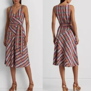 LAUREN Ralph Lauren Womens Belted Cotton Madras Sleeveless Dress Multi Sz 12 NWT
