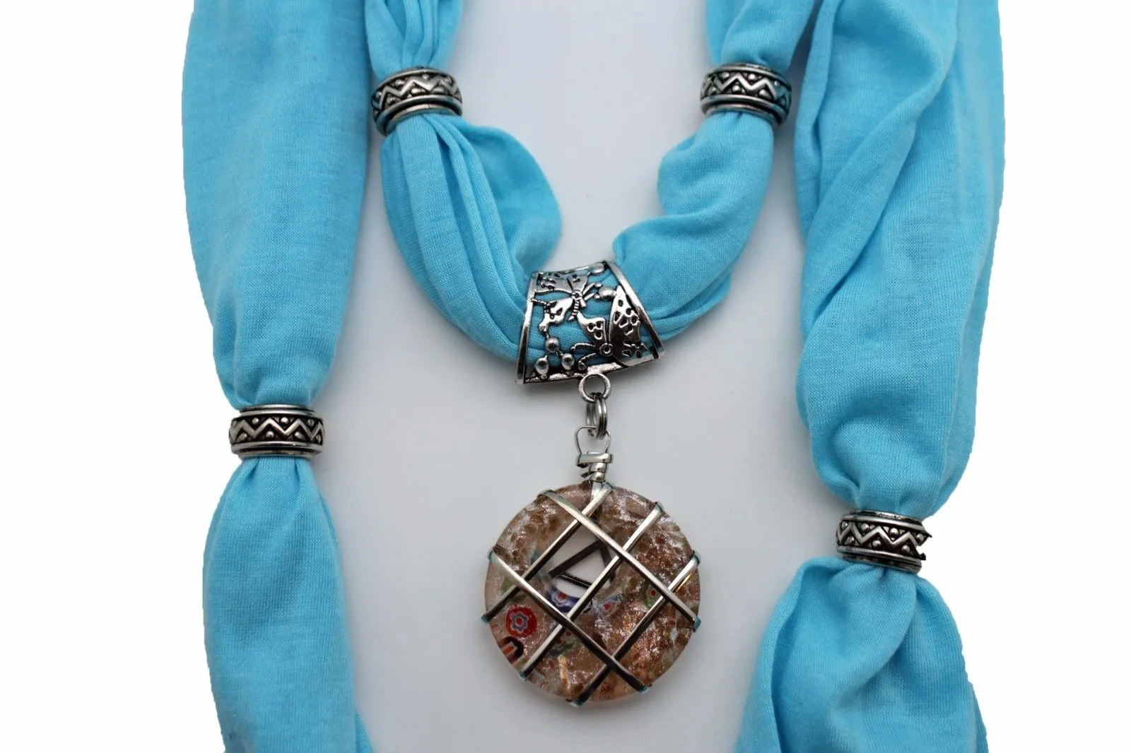 Light Blue Gray Pink Soft Fabric Glass Pendant Scarf Long Necklace Silver Metal