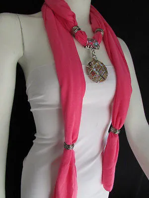 Light Blue Gray Pink Soft Fabric Glass Pendant Scarf Long Necklace Silver Metal