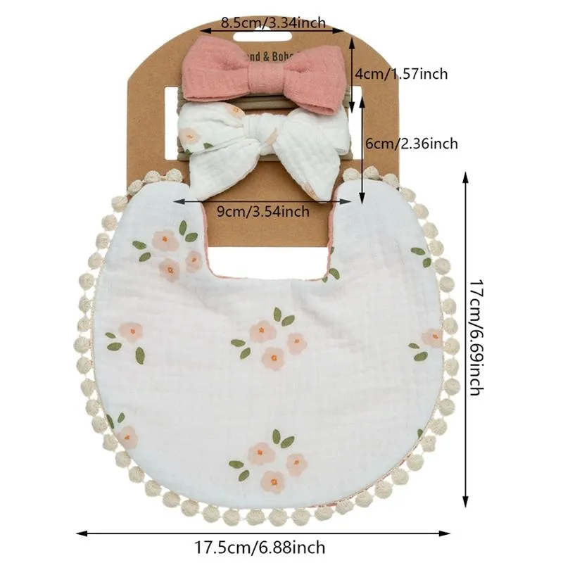 Little Trendy - Baby Floral Cotton Waterproofer Bib And Bows Headband Set, Color 1