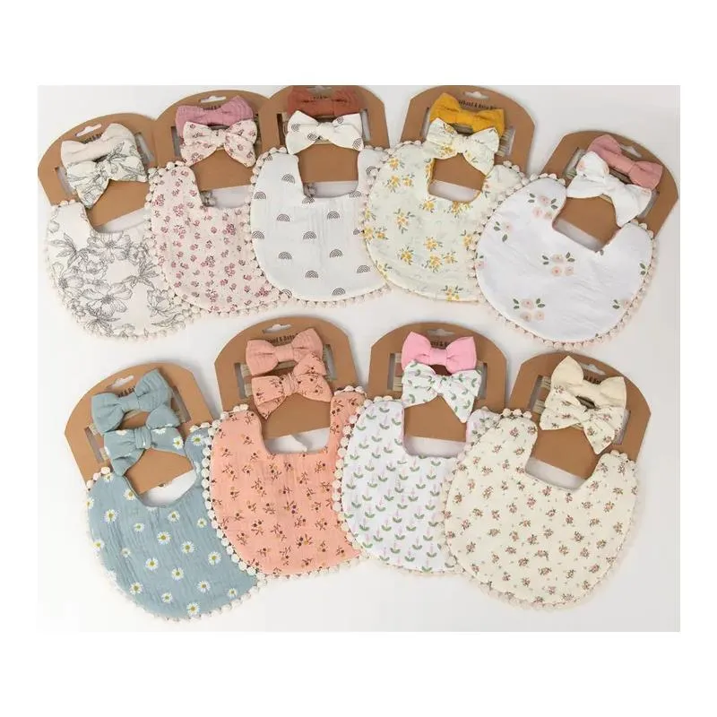 Little Trendy - Baby Floral Cotton Waterproofer Bib And Bows Headband Set, Color 1