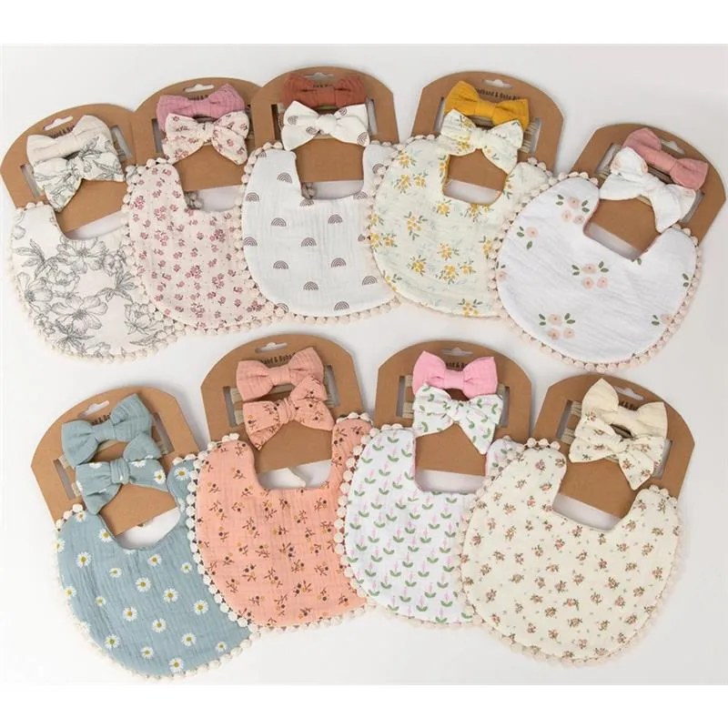 Little Trendy - Baby Floral Cotton Waterproofer Bib And Bows Headband Set, Color 2