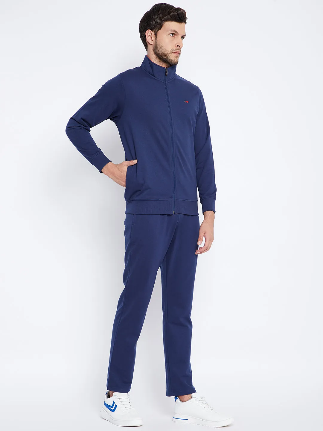 Livfree Men's Mock Collar Full Sleeves Solid Tracksuit - Denim (Zipper)
