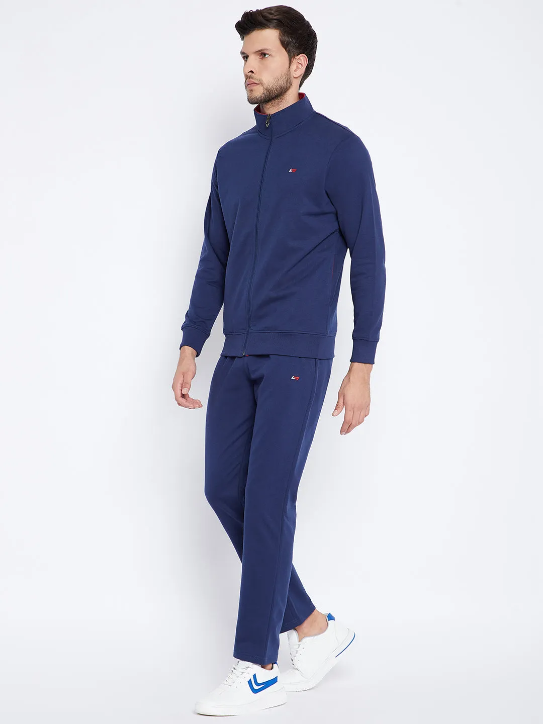 Livfree Men's Mock Collar Full Sleeves Solid Tracksuit - Denim (Zipper)