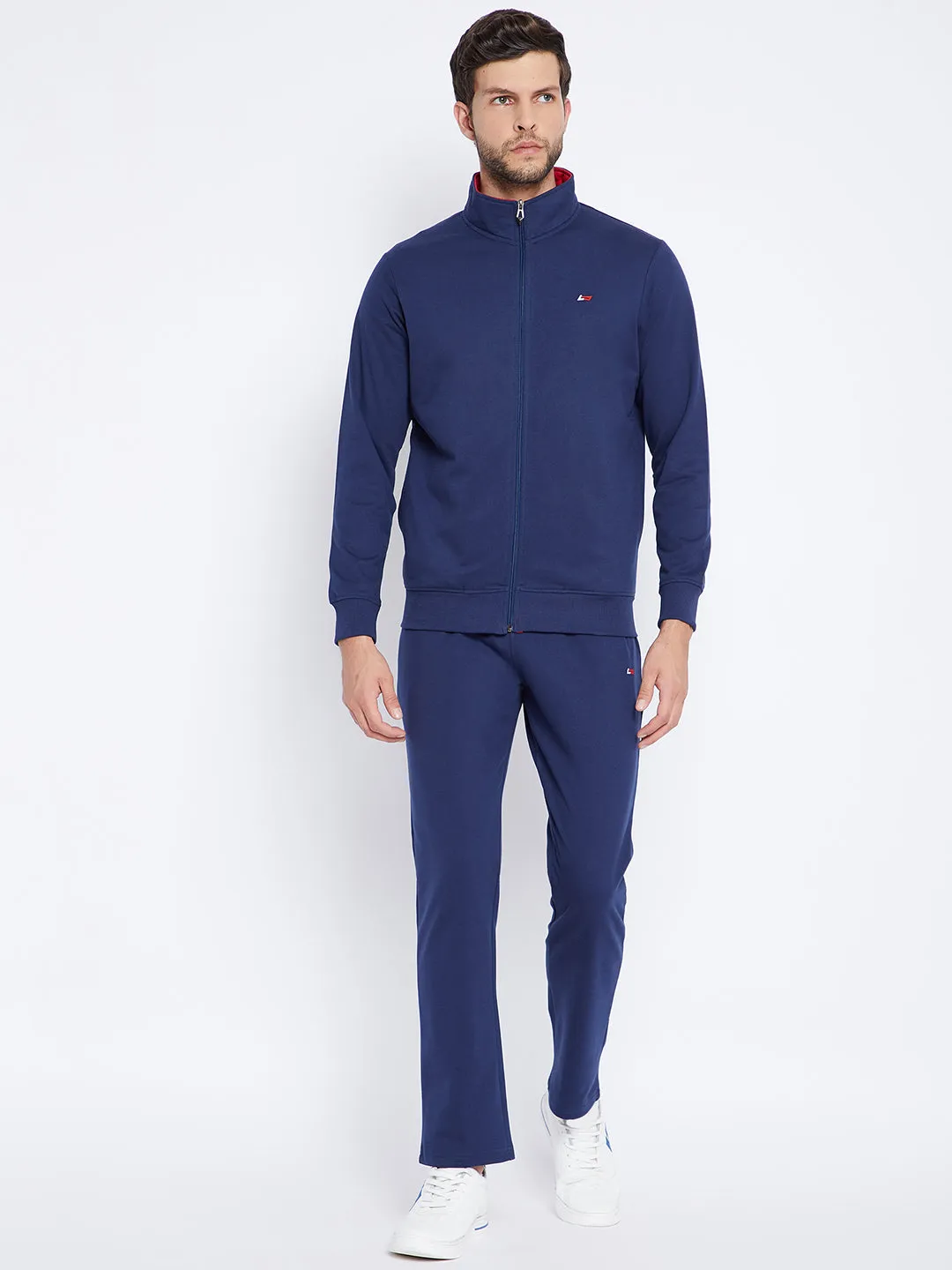 Livfree Men's Mock Collar Full Sleeves Solid Tracksuit - Denim (Zipper)