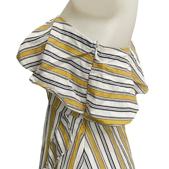 LULU’s  High Tide Yellow White Striped One Shoulder Ruffled Midi Dress sz small