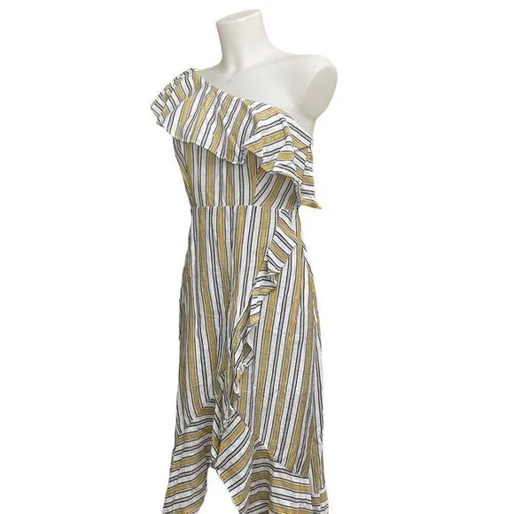 LULU’s  High Tide Yellow White Striped One Shoulder Ruffled Midi Dress sz small