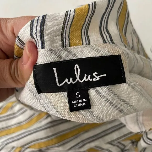 LULU’s  High Tide Yellow White Striped One Shoulder Ruffled Midi Dress sz small