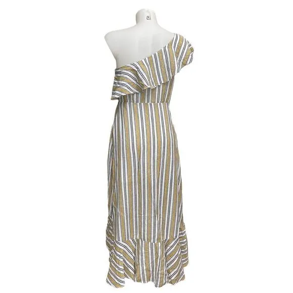 LULU’s  High Tide Yellow White Striped One Shoulder Ruffled Midi Dress sz small