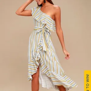 LULU’s  High Tide Yellow White Striped One Shoulder Ruffled Midi Dress sz small