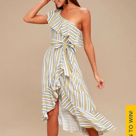 LULU’s  High Tide Yellow White Striped One Shoulder Ruffled Midi Dress sz small