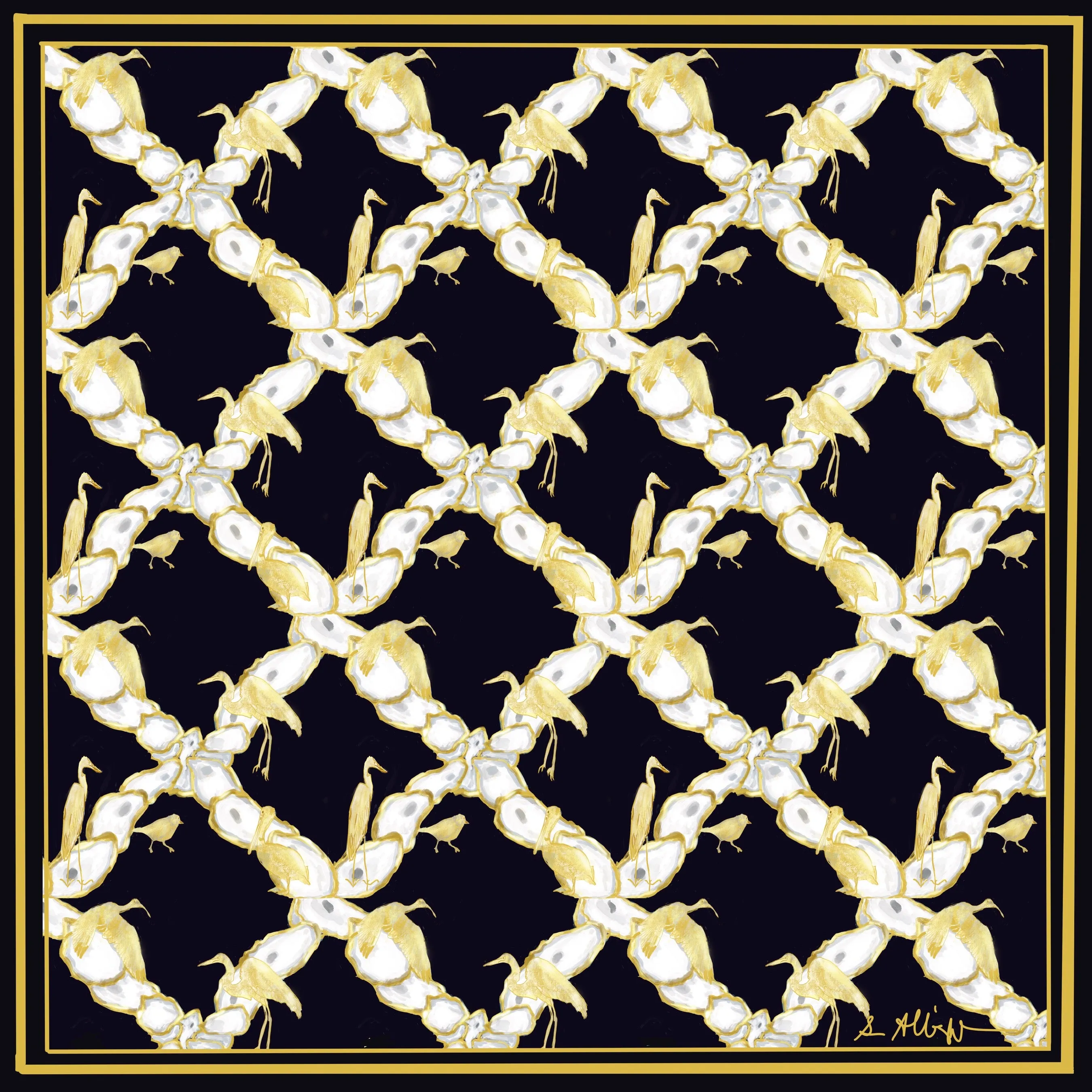 Luxe Silk Scarf- Oyster Lattice and Coastal Birds