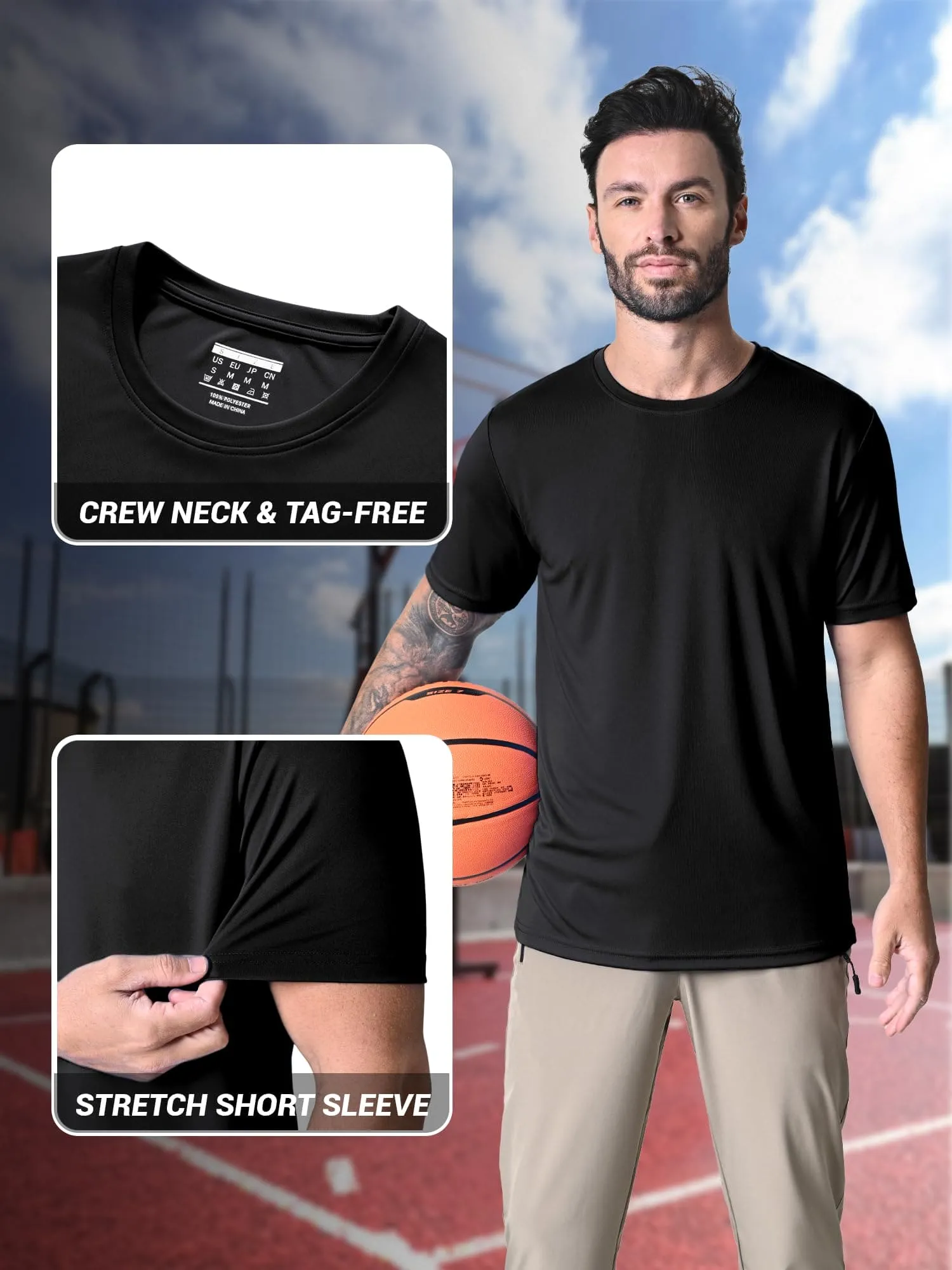 MAGCOMSEN Men's Athletic Short Sleeve Summer T-Shirt - Dry Fit & Ultra Lightweight with UV Protection, Black, US Medium