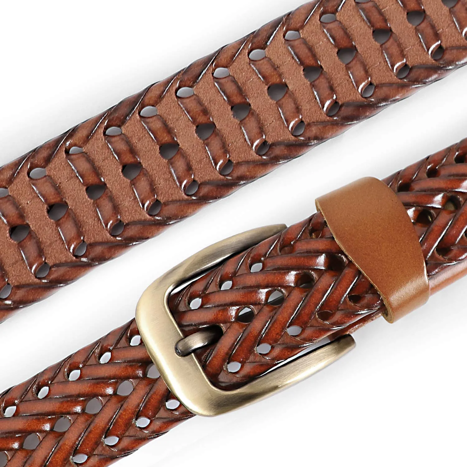 Men’s Leather Braided Belt,  Cowhide Leather Woven Belt for Jeans 1.3 Inch Wide with Prong Buckle