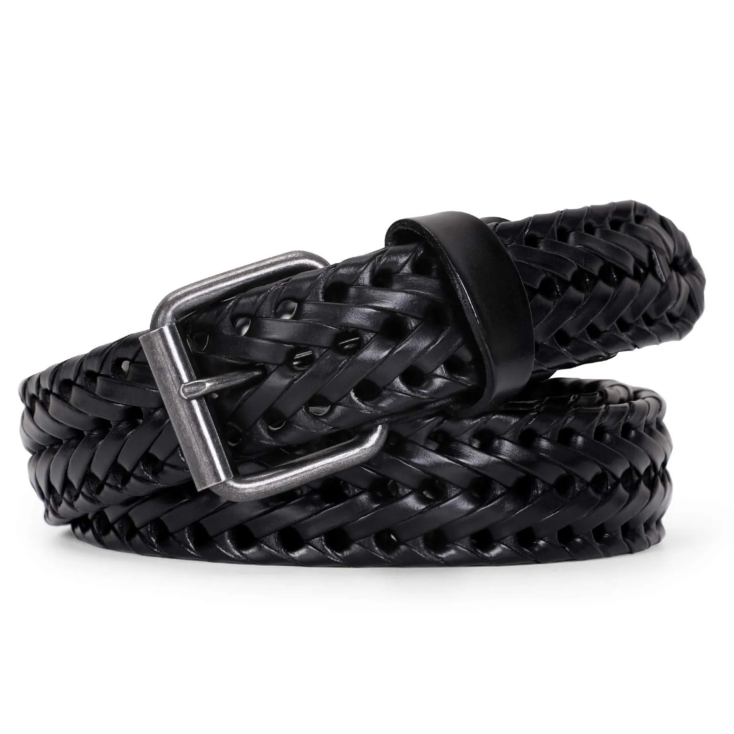 Men’s Leather Braided Belt,  Cowhide Leather Woven Belt for Jeans 1.3 Inch Wide with Prong Buckle