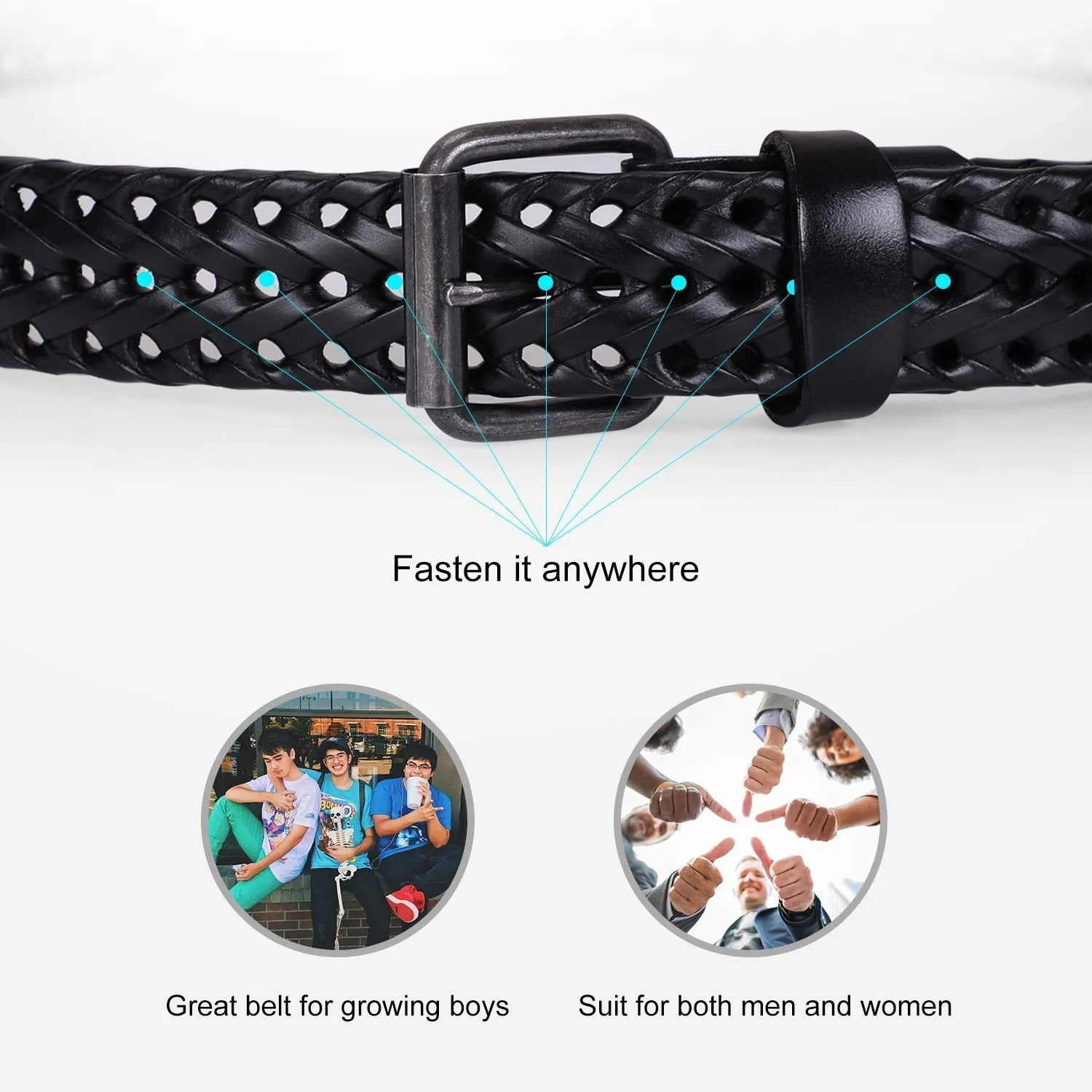 Men’s Leather Braided Belt,  Cowhide Leather Woven Belt for Jeans 1.3 Inch Wide with Prong Buckle