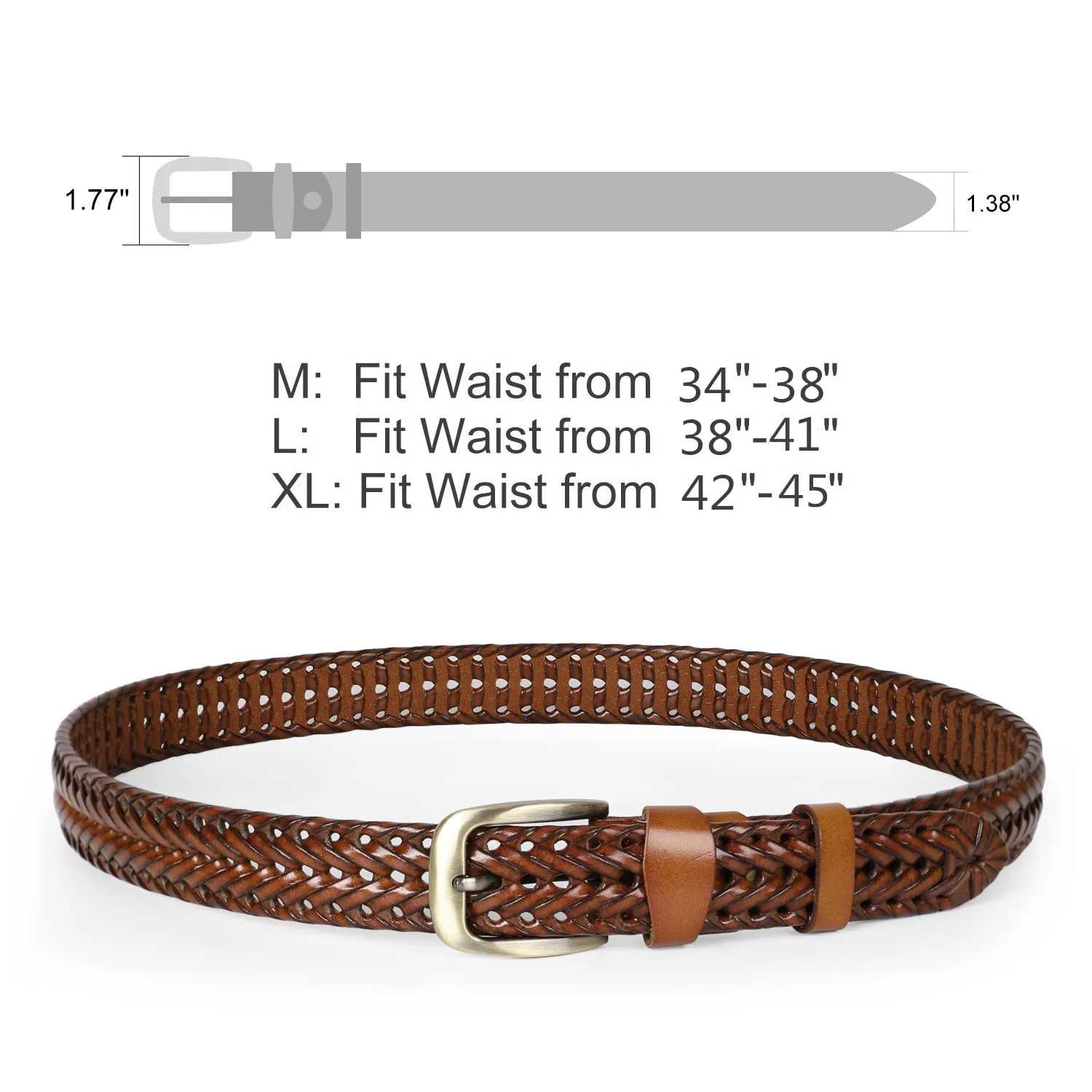 Men’s Leather Braided Belt,  Cowhide Leather Woven Belt for Jeans 1.3 Inch Wide with Prong Buckle