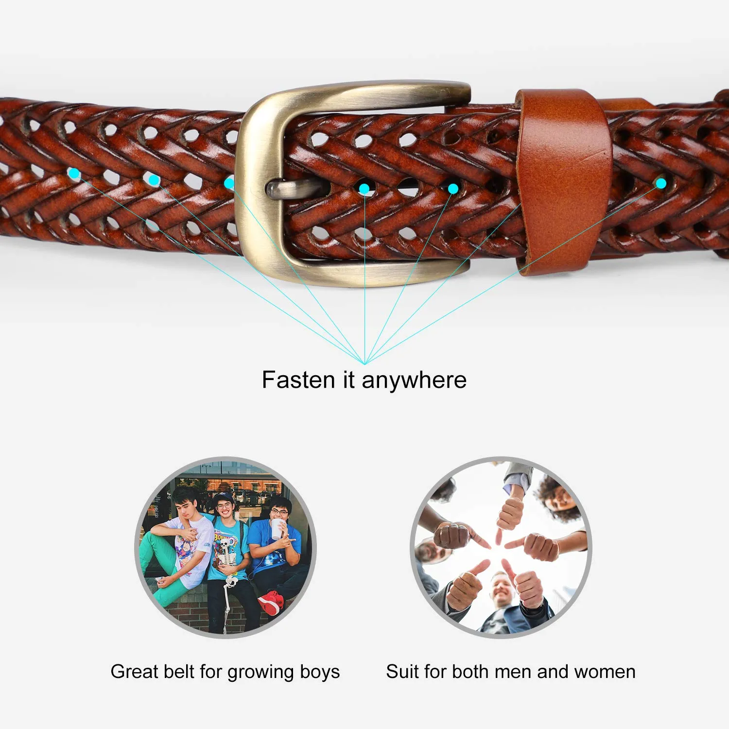Men’s Leather Braided Belt,  Cowhide Leather Woven Belt for Jeans 1.3 Inch Wide with Prong Buckle