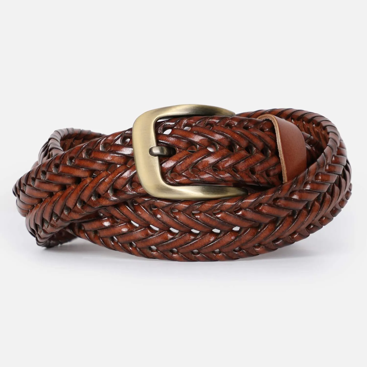 Men’s Leather Braided Belt,  Cowhide Leather Woven Belt for Jeans 1.3 Inch Wide with Prong Buckle