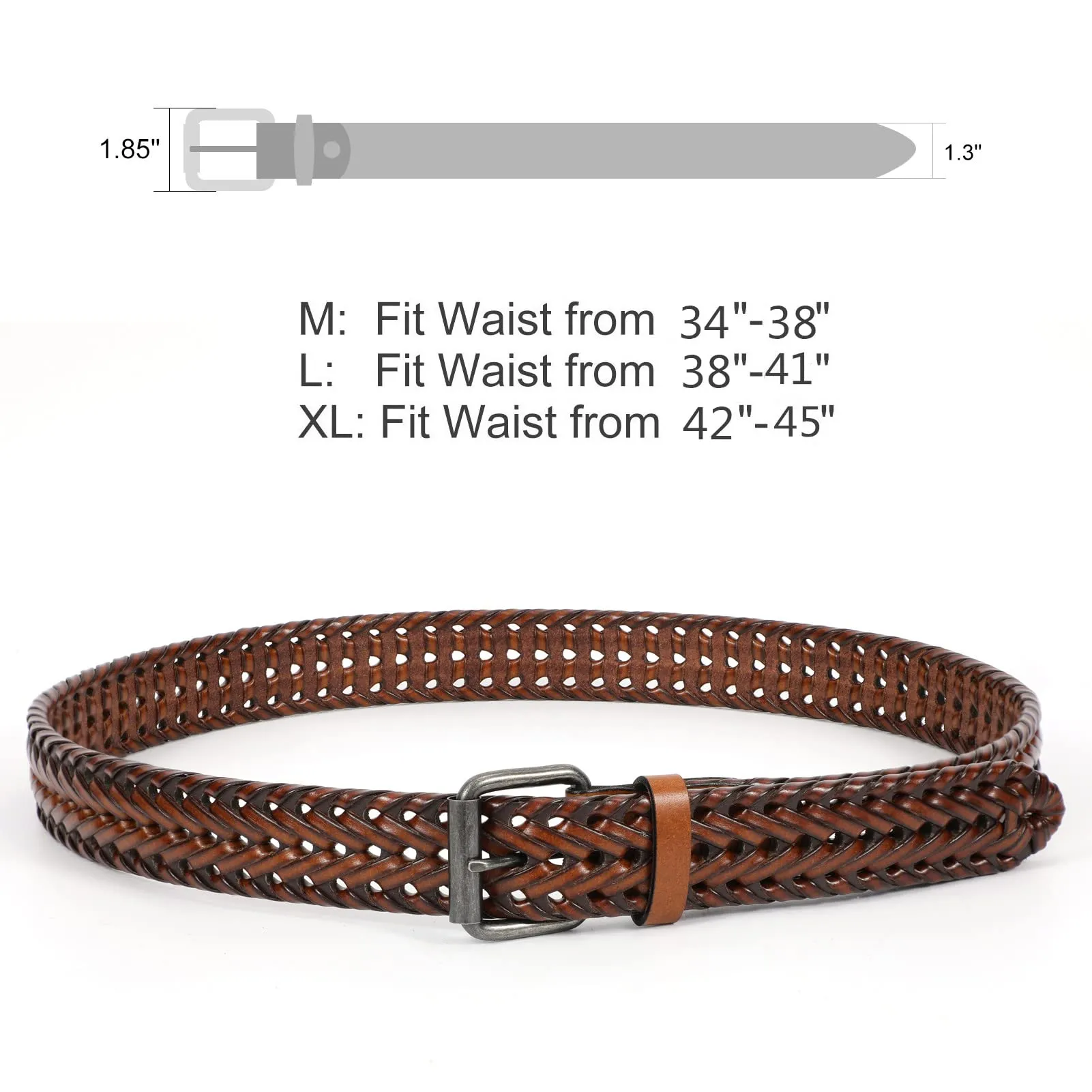 Men’s Leather Braided Belt,  Cowhide Leather Woven Belt for Jeans 1.3 Inch Wide with Prong Buckle
