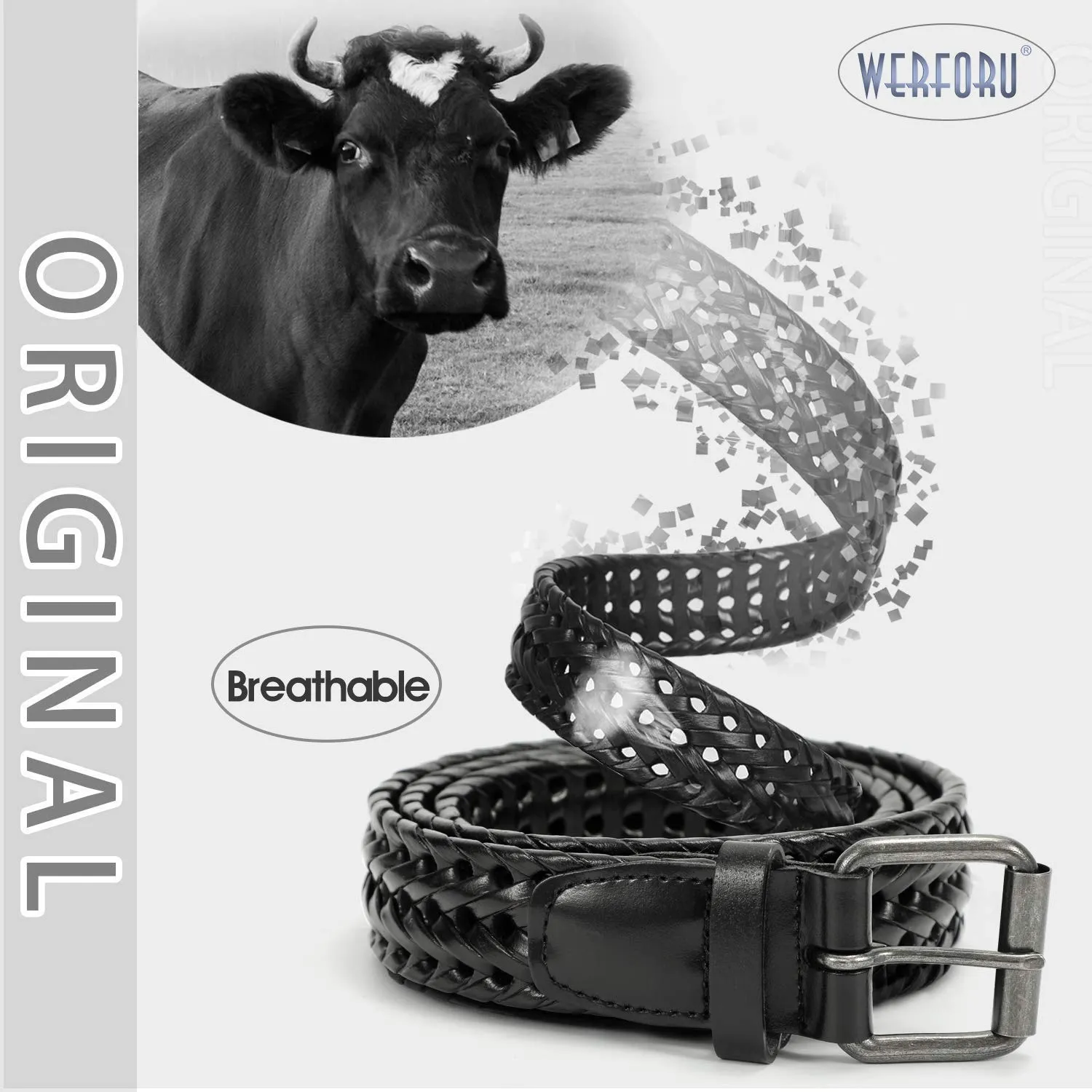 Men’s Leather Braided Belt,  Cowhide Leather Woven Belt for Jeans 1.3 Inch Wide with Prong Buckle