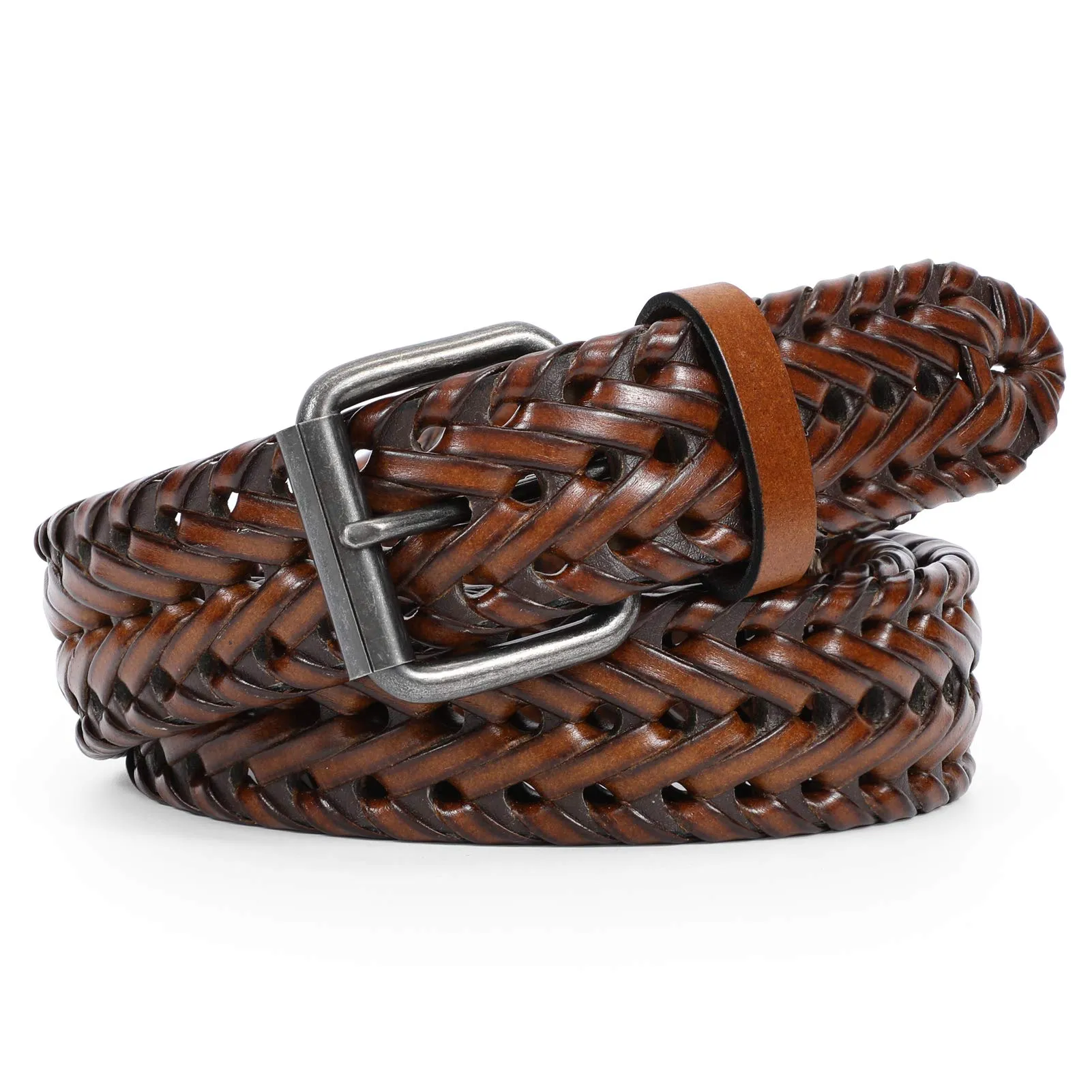 Men’s Leather Braided Belt,  Cowhide Leather Woven Belt for Jeans 1.3 Inch Wide with Prong Buckle