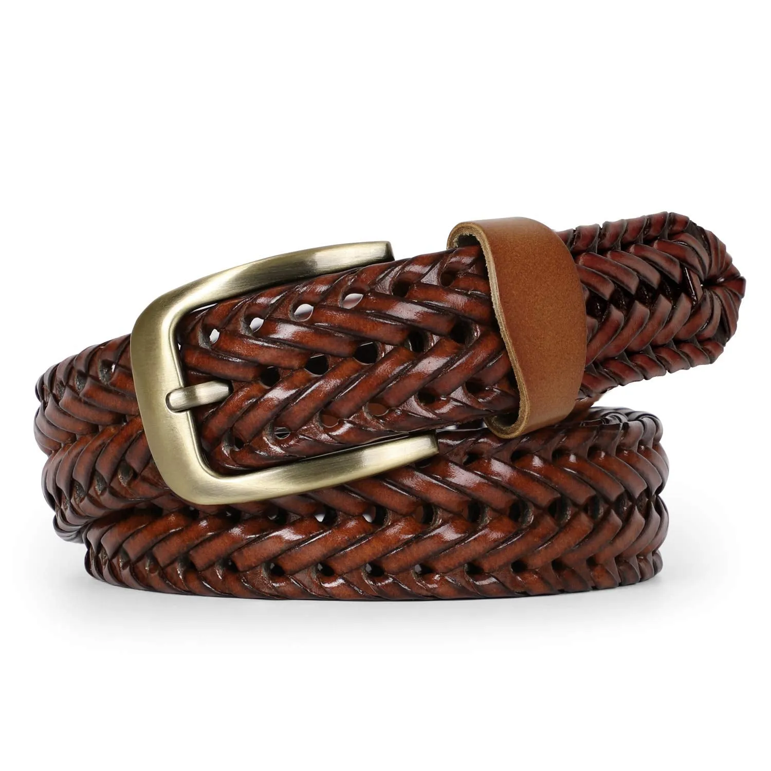 Men’s Leather Braided Belt,  Cowhide Leather Woven Belt for Jeans 1.3 Inch Wide with Prong Buckle