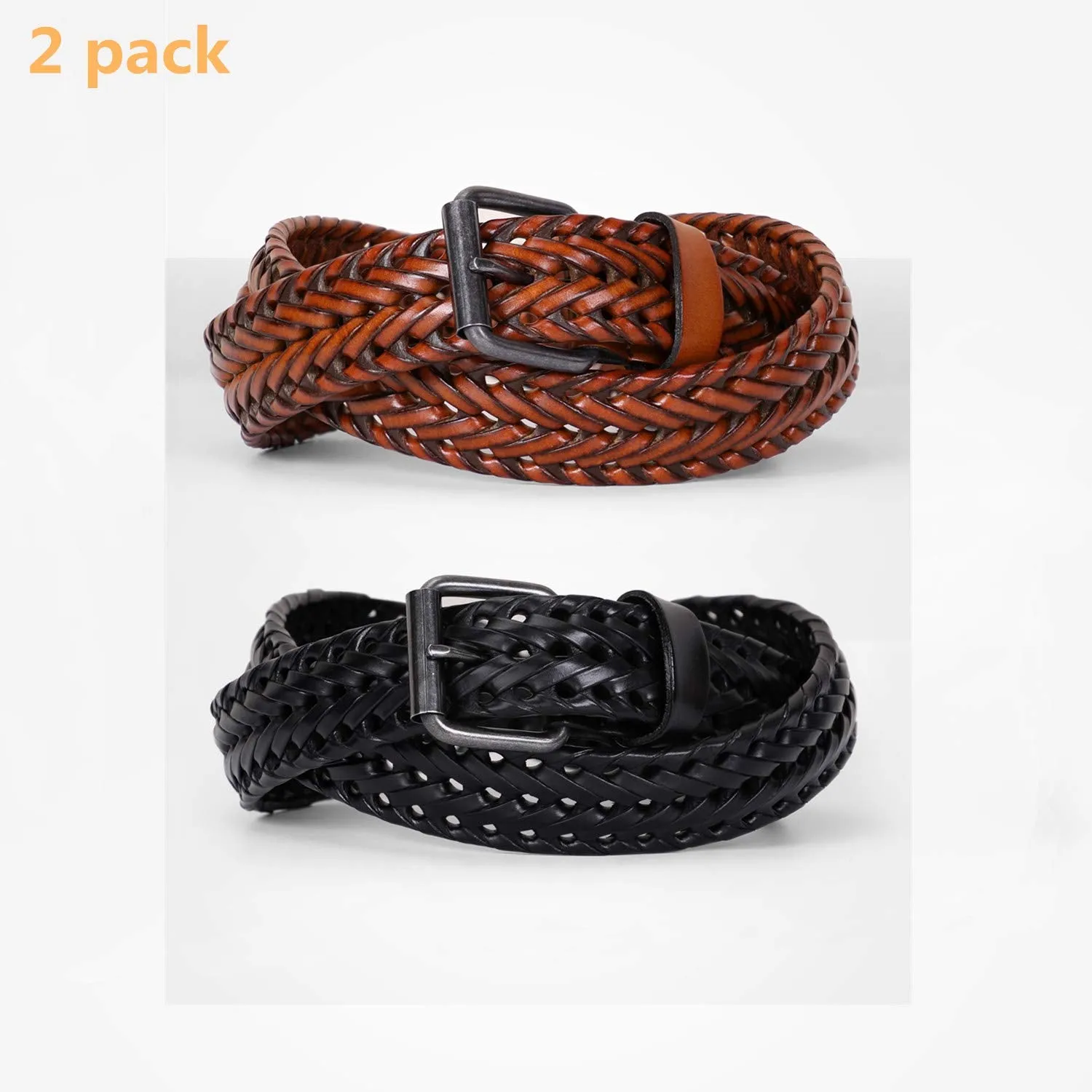 Men’s Leather Braided Belt,  Cowhide Leather Woven Belt for Jeans 1.3 Inch Wide with Prong Buckle