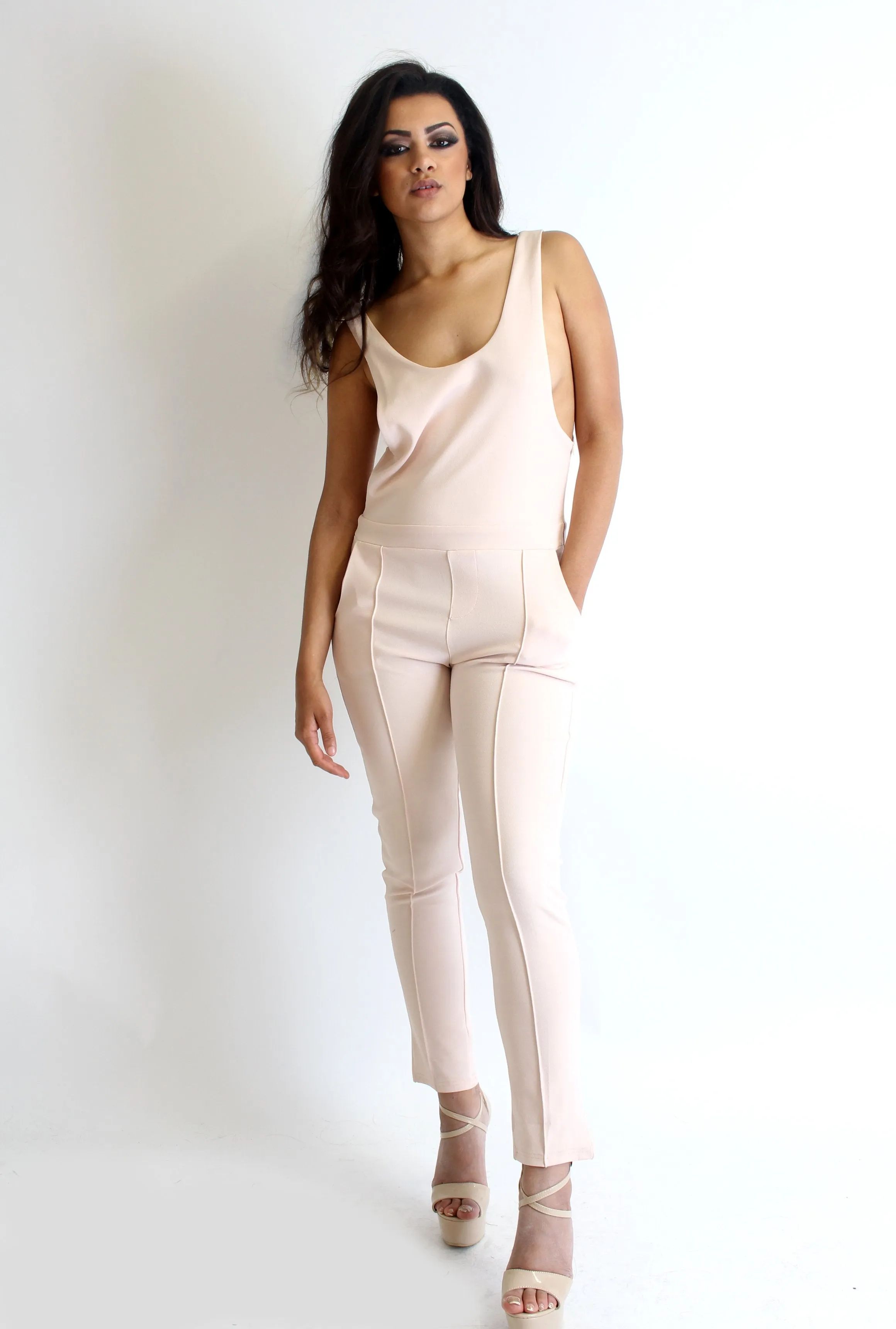 Mercedes Peach Low Neck & Back Jumpsuit