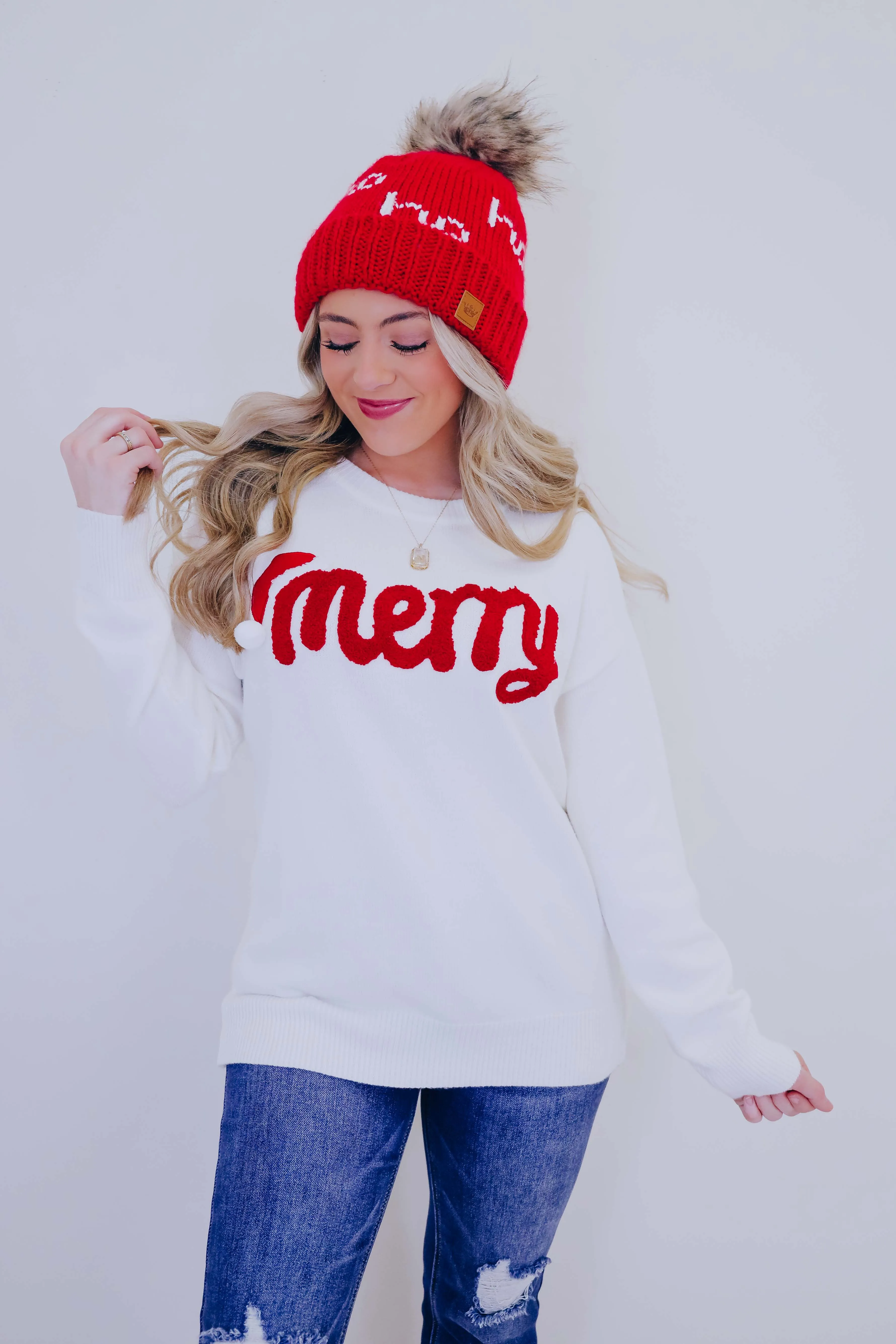 ***Merry Pom Chenille Patch Sweater - 2 Colors SAMPLE