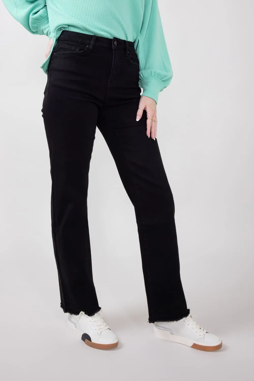 Mica Slim Wide Leg Raw Hem Jeans for Women in Black | MDP-W3251BK