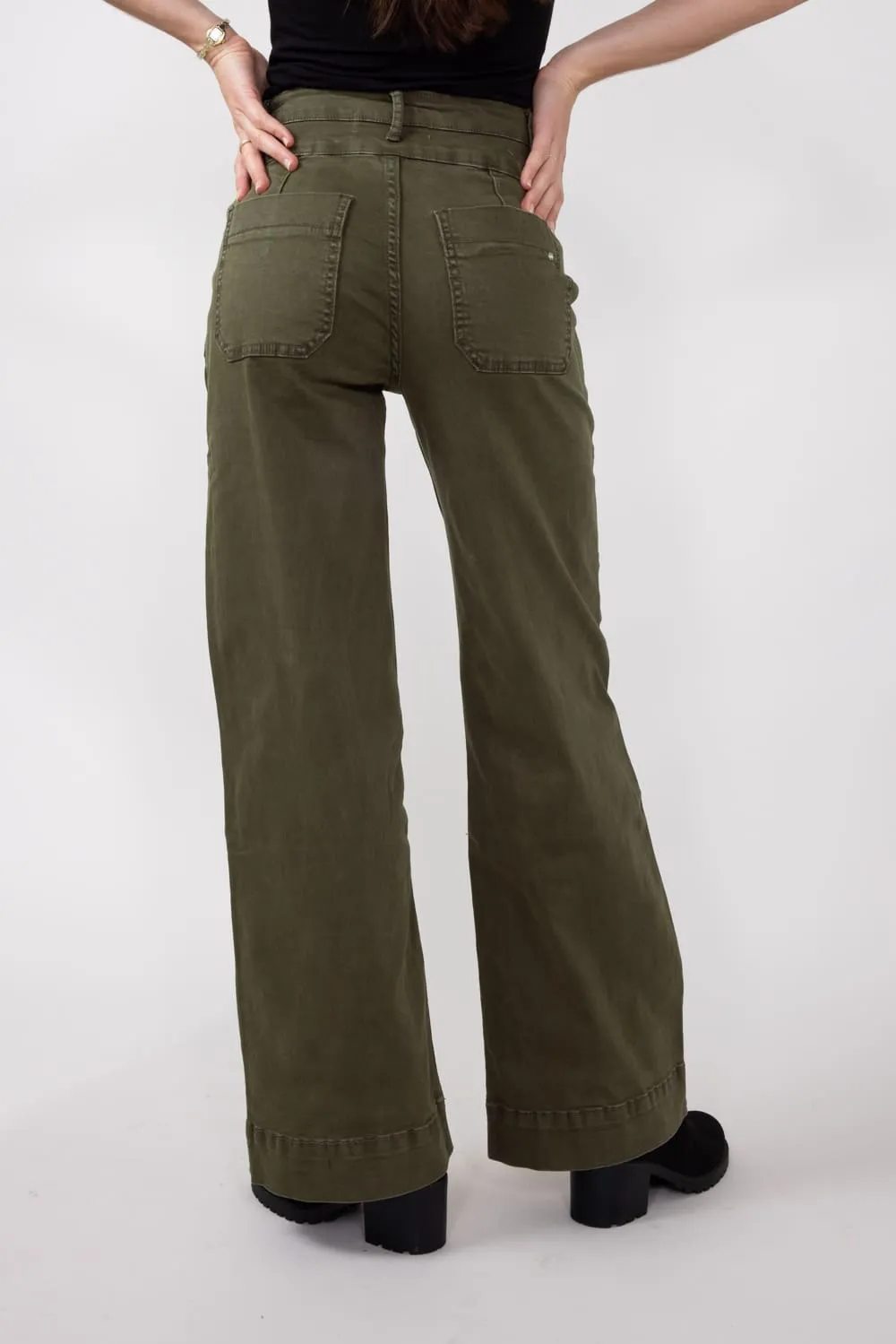Mica Super High Waisted with Double Waistband Wide Leg Pants for Women in Fern Green | MDP-W3209FG
