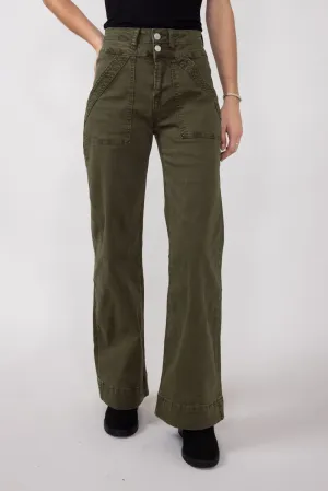Mica Super High Waisted with Double Waistband Wide Leg Pants for Women in Fern Green | MDP-W3209FG