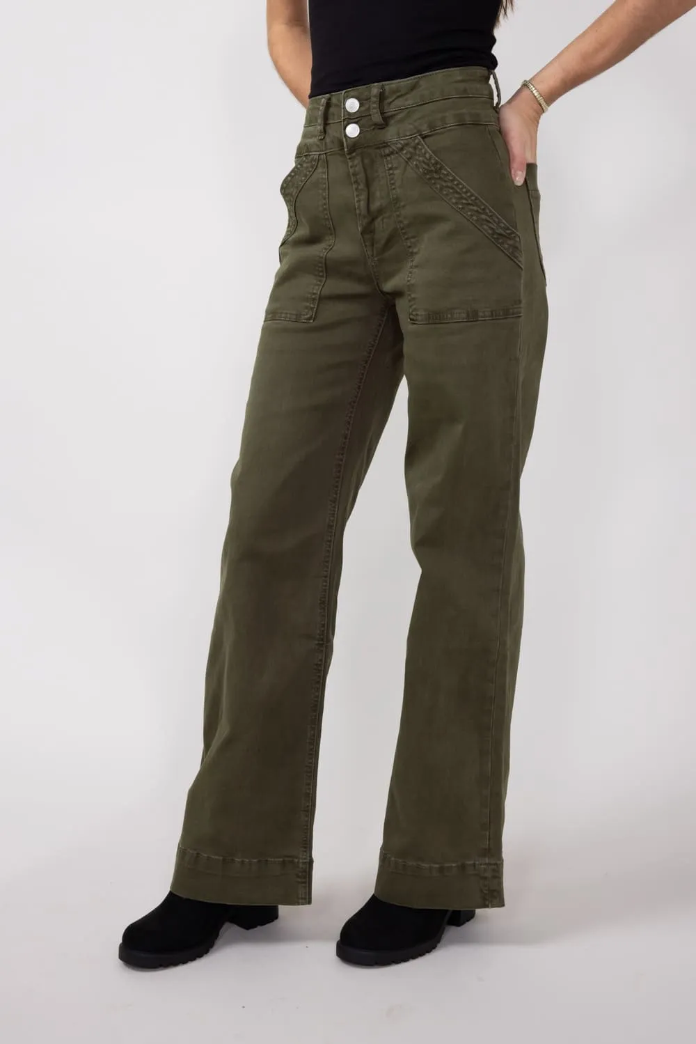 Mica Super High Waisted with Double Waistband Wide Leg Pants for Women in Fern Green | MDP-W3209FG